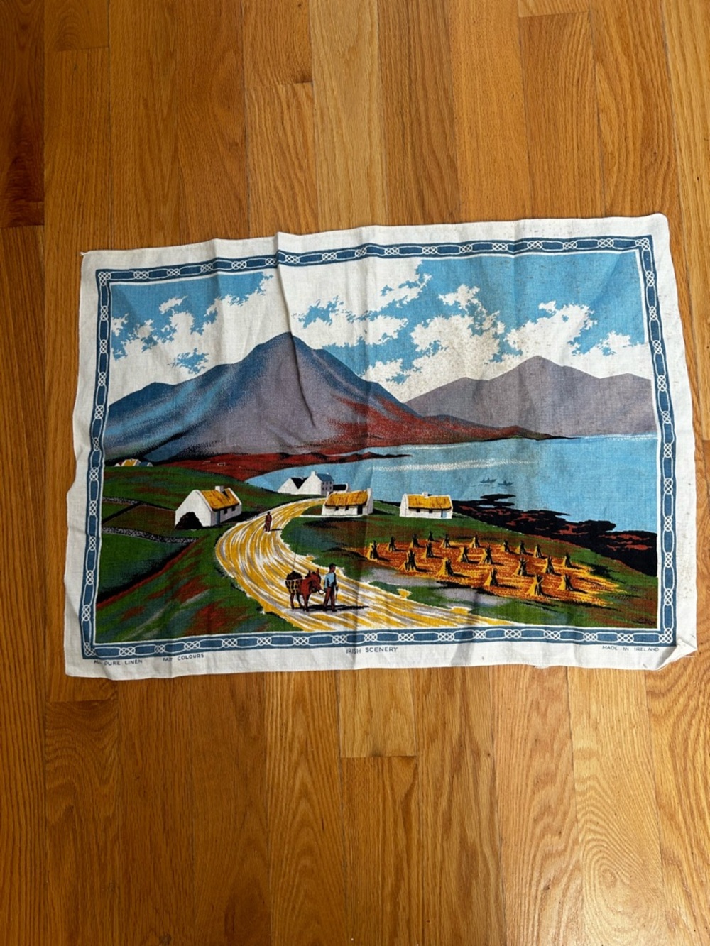 Vintage 100% Pure Linen Wall Tapestry, Irish Coastal Mountain Scenery, Tea Towel